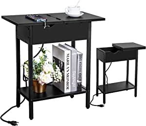 Black - Narrow Side Table with Flip Top | Charging Station (USB-C & USB) | End Table with Storage Shelf, USB Ports & Power Outlets for Small Spaces, Bedside Tables for Living Room, Bedroom added by Spoak Member