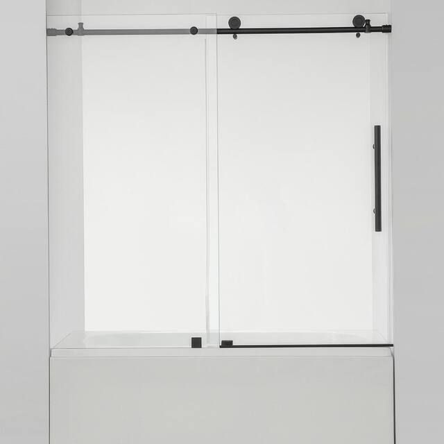 Villena 60 in. W x 58 in. H Single Sliding Frameless Tub Door in Matt Black with Clear Glass added by Kate McKay Designs
