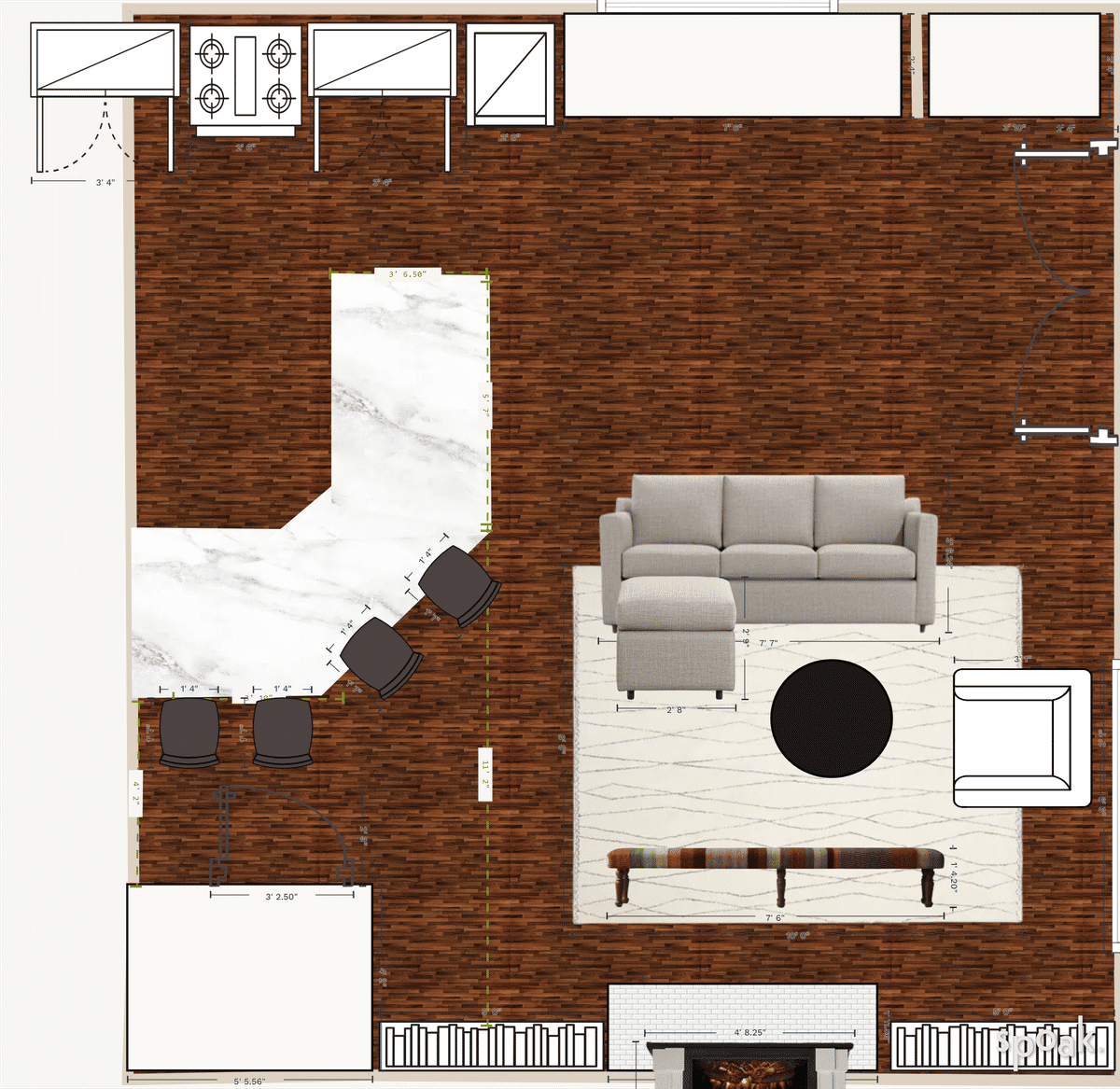 Kitchen + Living Room Floor Plan designed by Catherine Cohen