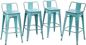 HAOBO Home Distressed Bar Stools Industrial Metal Barstools Counter Height Stools with Wooden Seat [Set of 4] (24", Low Back Distressed Green-Blue) added by Ashley Genard