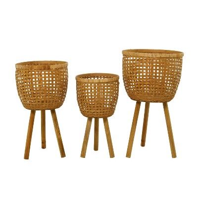25.8" 3pc Bohemian Woven Bamboo Planter Pots Brown - Olivia & May added by Nomadic Nooks