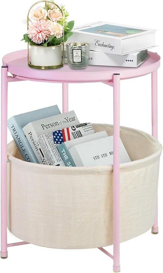 Round End Tables with Storage Basket, Metal Side Table Nightstand Small Bedside Table, Pink added by Victoria Freise