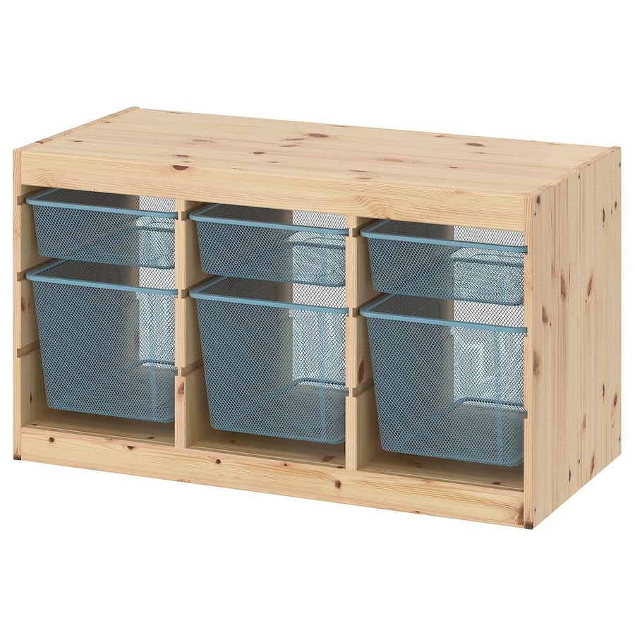 TROFAST storage combination with boxes, light white stained pine/gray-blue, 365/8x173/8x201/2" - IKEA added by Kaitlyn Keith