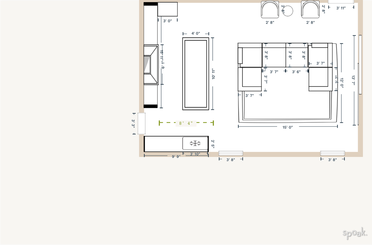 Rectangular open concept kitchen and living room layouts are popular for their spacious and airy feel. By removing walls and barriers between the kitchen and living room, these layouts create a seamless flow between the two spaces, making it easy to entertain guests or keep an eye on children while cooking. Some floor plan ideas for this layout include a large kitchen island that doubles as a dining area, a cozy seating nook in the living room, and plenty of natural light to brighten up the space.