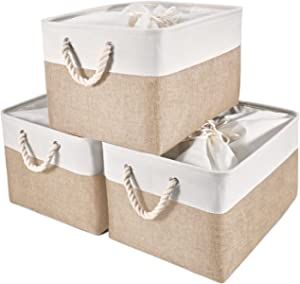 HOdo Home Foldable Storage Bin with Drawstring Closure and 2 Bold Handles, Collapsible Large Canvas Storage Baskets for Organizing Shelf Nursery Home Closet (White&Yellow, 15.8L×11.8W×9.5H - 3Pack) added by Where The Heart Is Designs