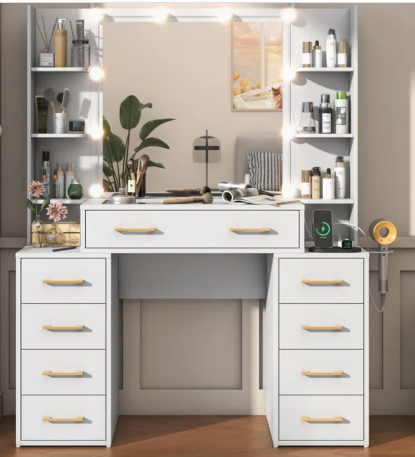 Ebern Designs Tempered Glass Top Makeup Vanity Desk With LED Lights And Charging Station & Reviews | Wayfair added by Melissa Langley