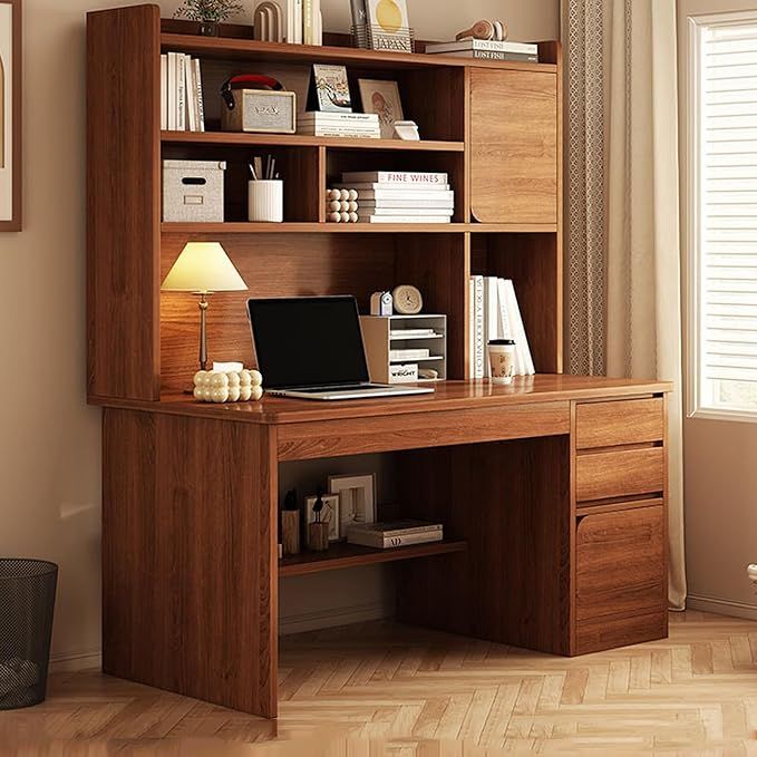 Office Desk with Bookshelf, Storage Cabinet, Drawers, l Shaped Desk for Gaming, Home Office, Bedroom - Large Wood Desk Durable Design with Thick Panels and Rounded Edges (Color : Brown, Size added by Miceala Antoniou