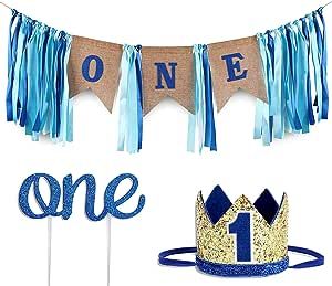Baby 1st Birthday Boy Decorations with Crown - Baby Boy First Birthday Decorations High Chair Banner - Cake Smash Party Supplies - Happy Birthday ONE Burlap Banner, No.1 Gold and Blue Crown added by Kaci Chesser McCombs