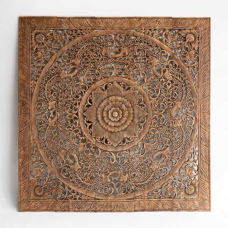 Queen Mandala Head Board Wood, Carve Wall Art Hanging, Reclaim Teak Medallion Panels, Weathered Brown Stain Finishing, 60 inches added by Erica Ramon