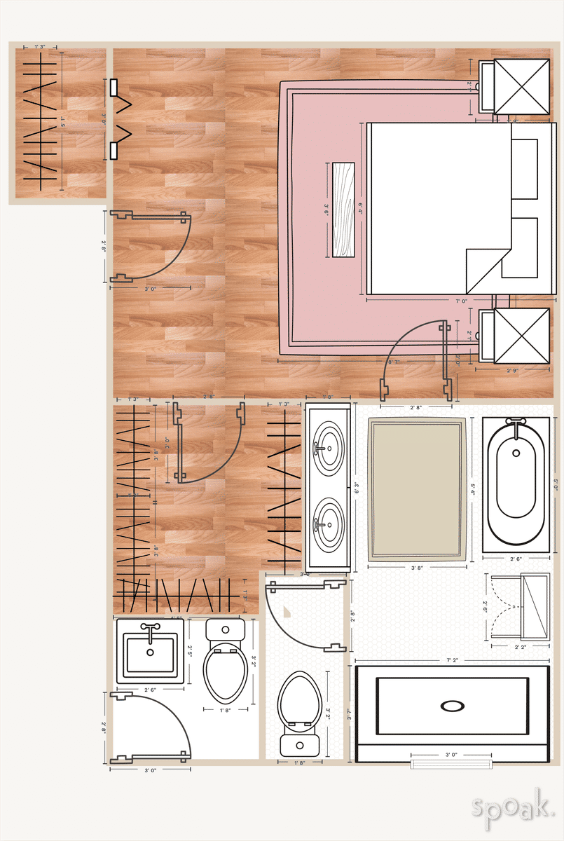 Bed + bathroom layouts and floor plan ideas.