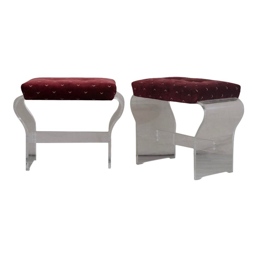 Lucite Bench Stool Crimson Red Velvet Upholstery - Pair added by Melanie Thomas