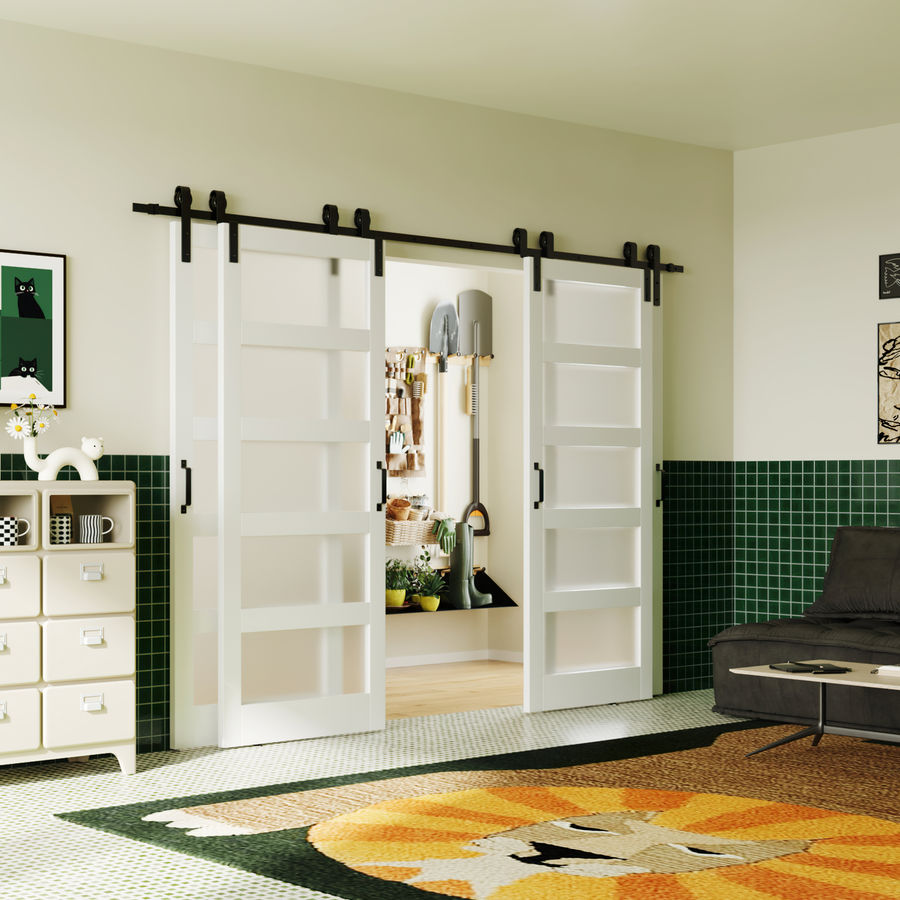 CHIC MODE Double Door, 5 Lite Frosted Glass Design Bypass Barn Door Sliding Interior Door With Hardware Kit,4 panels | Wayfair added by Rescued Room Design