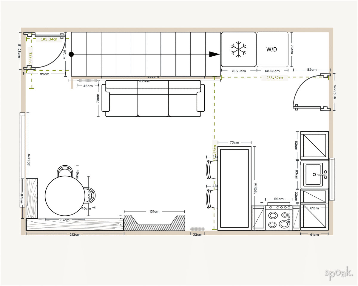 Rectangular open concept kitchen + living room layouts and floor plan