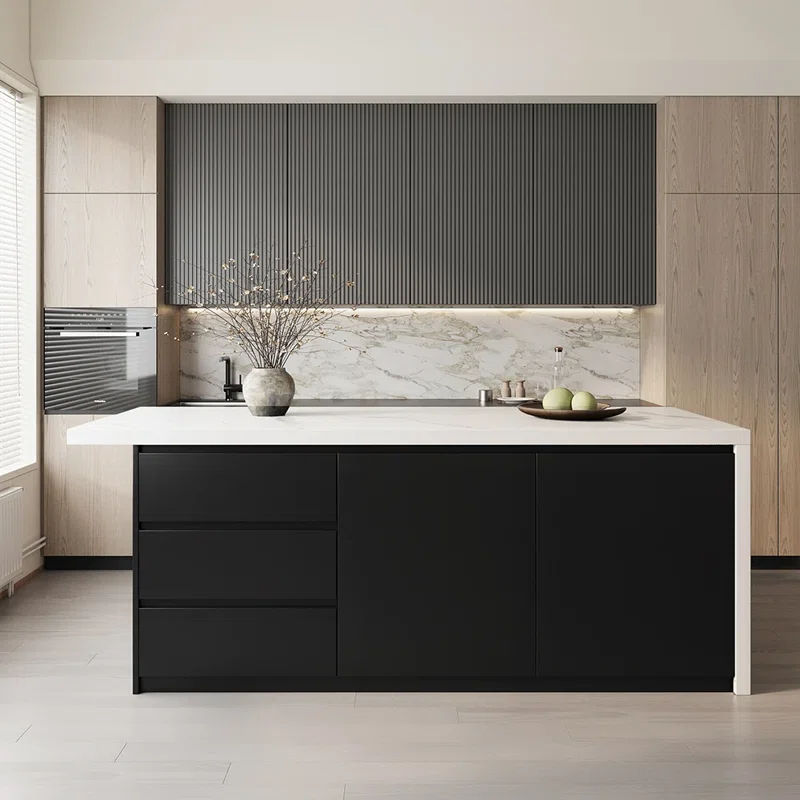 Homary 72" Large White & Black Kitchen Island with Storage Kitchen Cabinet Marble Veneered Top | Wayfair added by Tiffany Kelly