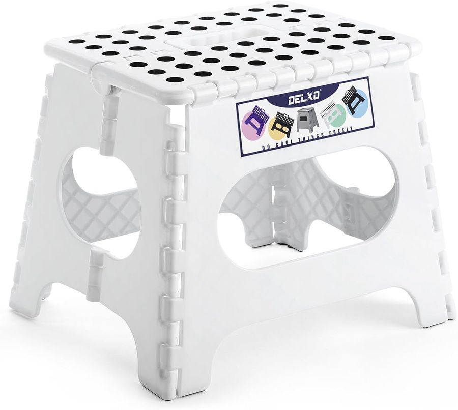 Delxo Folding Step Stool,11 Inch Non-Slip Foldable Step Stools for Kids and Adults,Portable Foldable Step Stool Lightweight Small Folding Stool with Handle for Kitchen Bathroom in White,1 Pack added by Rachel Fedorov