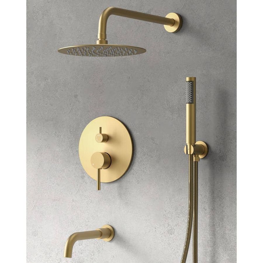 GRANDJOY Pressure Balance 3-Spray Wall Mount 10 in. Fixed and Handheld Shower Head 2.5 GPM in Brushed Gold Valve Included SRM6612GNI-10BL - The Home Depot added by Kristina Blackford