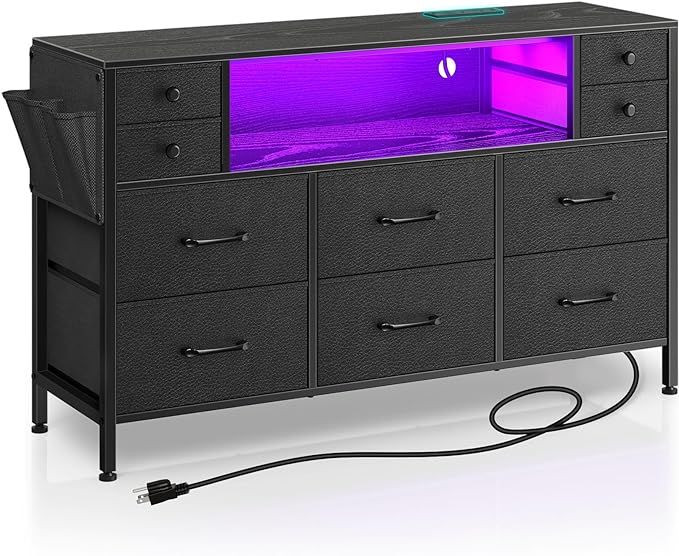 Rolanstar Dresser with Power Outlets and LED Lights, 10 Drawers Dresser with Side Pocket, Fabric Chest of Drawers with PU Finish, Small Dresser with Sturdy Frame & Wood Top for up to 55inch TV, Black added by Tiffany Borland