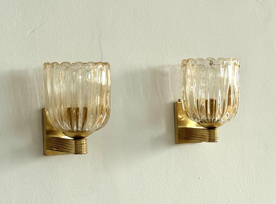 Italian Murano Glass and Brass Wall Sconces Lights in Art Deco Style, 1990s added by Alta Projects