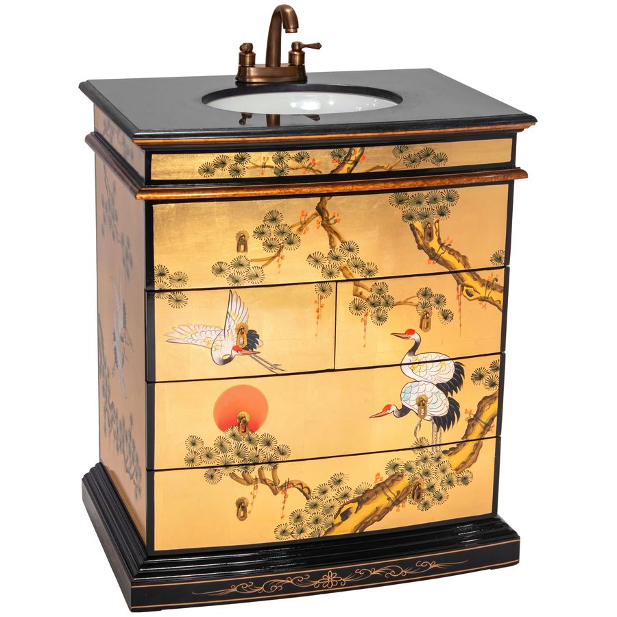 Gold Lacquer Small Bathroom Sink - Cranes added by Lisa Wellens