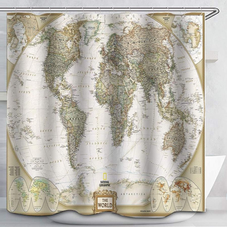 World Map Shower Curtains Custom Fabric Vintage Look Style Countries Globe Curtains Waterproof Colorful Cloth Fabric Durable Shower Curtain Bathroom Decor Set 12 White Plastic Hooks. 72 x 72 inch added by H. Brooke Designs