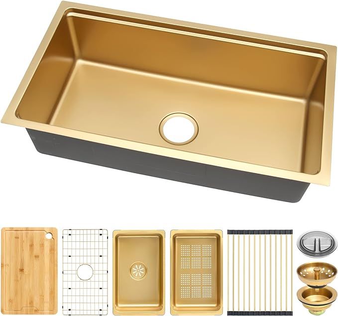 Gold Undermount Kitchen Sink 32×18 Inch, Stainless Steel Workstation Kitchen Sink, Single Bowl Kitchen Sinks with Kitchen Sink Strainer added by Sarah McNutt