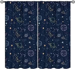 Outer Space Galaxy Curtains, Boys Kids Cartoon Universe Starry Sky Planets Moon Colorful Stars Print Window Drapes for Bedroom Living Room 52x84in added by Rescued Room Design