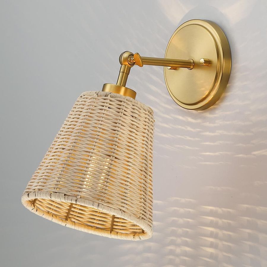 TRUE FINE Adella 1-Light Brass Boho Natural Rattan Hardwired Wall Sconce with Adjustable Swivel Swing Arm TD10028W - The Home Depot added by Emily Perdue