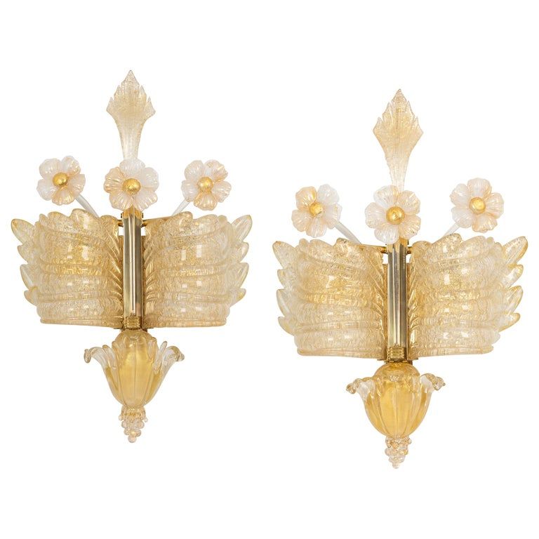 Pair of Large Murano Glass Wall Sconces by Barovier and Toso, Italy, 1970s added by jane campbell rahmberg