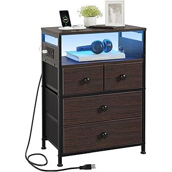 REAHOME Nightstand with Charging Station and LED Light, Tall Brown Night Stand with 4 Drawers and 2-Tier Shelf, Modern End Table with Wooden Top for Bedroom, Living Room, Hallway - Rustic Brown added by mony 44