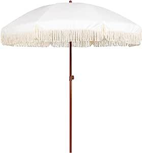 AMMSUN 7ft Patio Umbrella with Fringe Outdoor Tassel Umbrella UPF50+ Premium Steel Pole and Ribs Push Button Tilt,White Cream added by Karyn Pashchuk