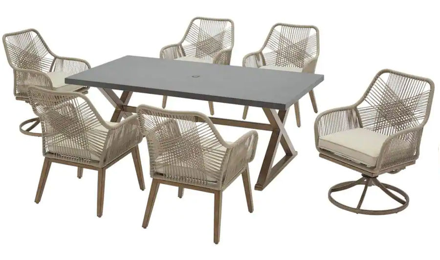 Hampton Bay Haymont 7-Piece Steel Wicker Outdoor Dining Patio Set with Beige Cushions FRS80961-ST - The Home Depot added by Heather Kunz