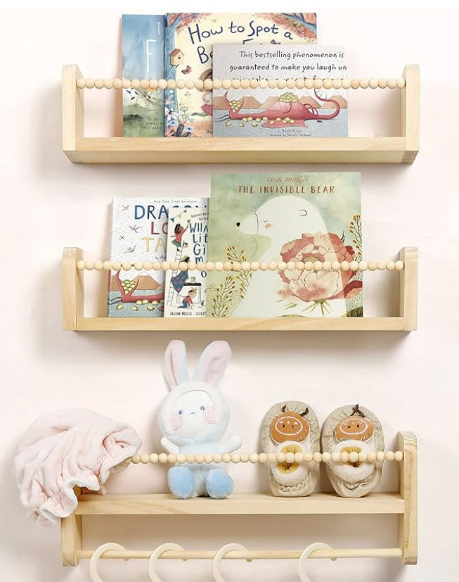 Nursery Floating Shelves for Wall, Set of 3 Book Shelves Natural Wood Wall Mounted Organizer with Towel Bar Hanging Bookshelves Nursery Decor for Kids Room, Bedroom and Kitchen added by Rachael Igoe