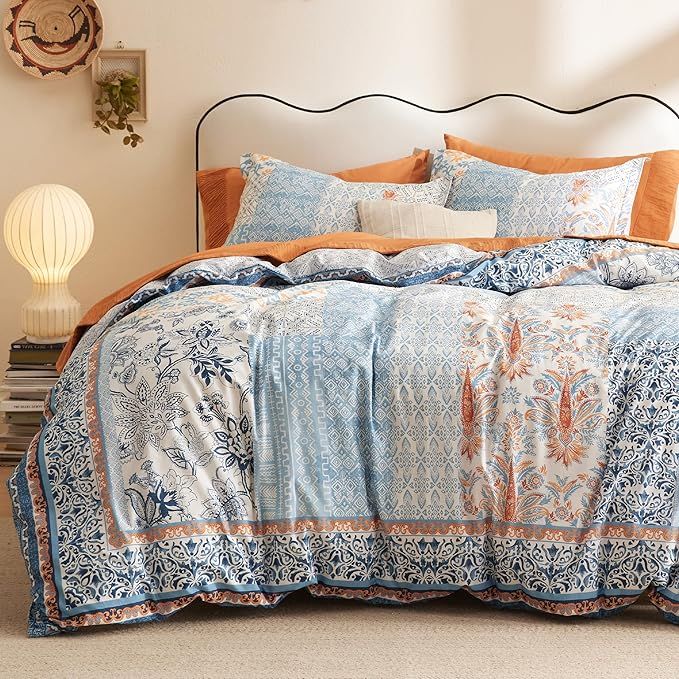 Bedsure Cotton Duvet Cover Queen Size - 100% Cotton Reversible Bohemian Blue Duvet Cover Set with Zipper, Paisley Patterned Bedding Comforter Cover, 1 Duvet Cover 90"x90" and 2 Pillow Shams 20"x26" added by KATHERINE ECK
