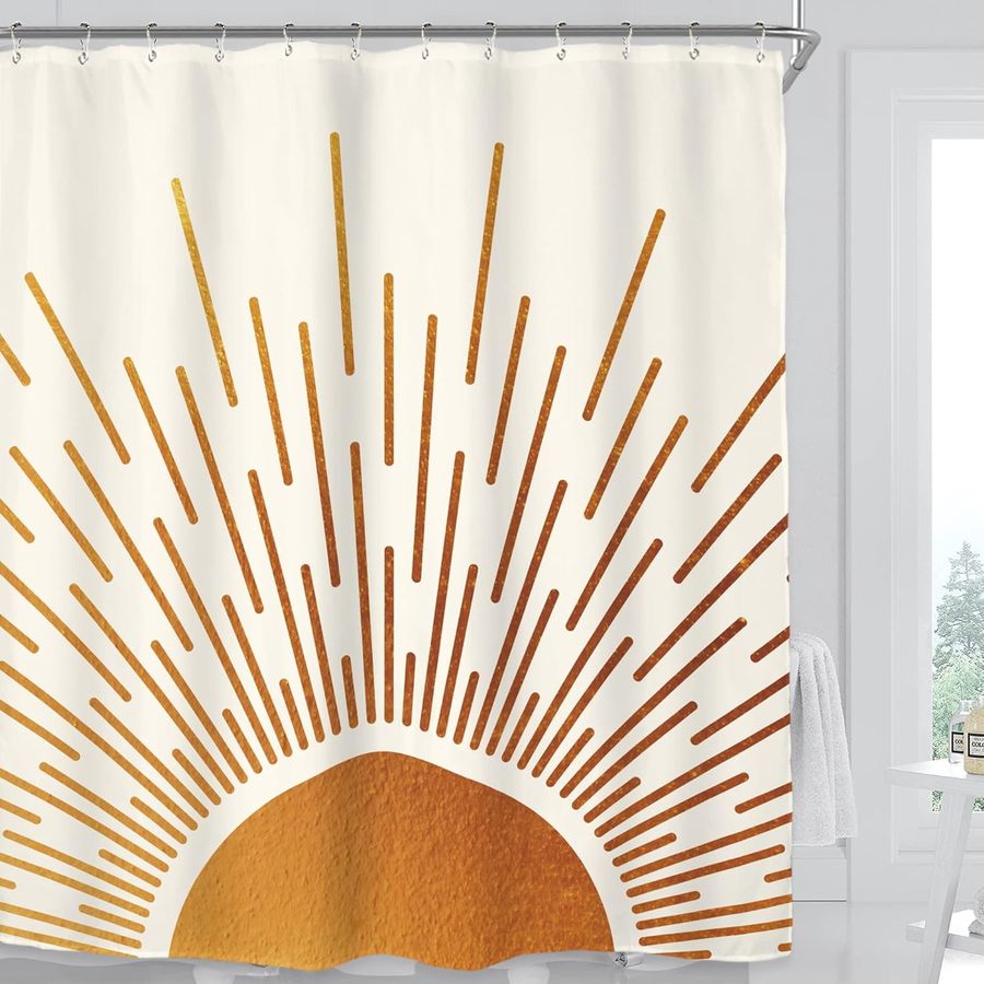 Minimalist Boho Sun Shower Curtain Set 72Wx72H Inches Abstract Mid Century Sunrise Sunset Sunburst Vintage Aesthetic Polyester Waterproof Cloth Bathroom Curtain with 12 Hooks added by Jennifer Call