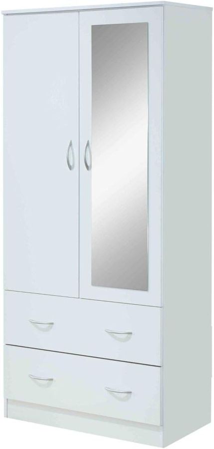 HODEDAH 2 Door Wood Wardrobe Bedroom Closet with Clothing Rod inside Cabinet, 2 Drawers for Storage and Mirror, White added by Jessica Gordon