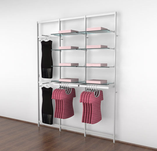 Vertik Wall Mounted Retail Clothing Display Unit for 8 Shelves w/2 Faceouts, 2 Hanging Rails | Pure White, 3-Sections - UDIZINE added by kristie efferen