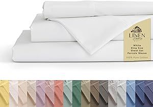 100% Cotton Percale Sheets King Size, White, Deep Pocket, 4 Pieces Sheet Set - 1 Flat, 1 Deep Pocket Fitted Sheet and 2 Pillowcases, Crisp Cool and Strong Bed Linen added by Ann Le