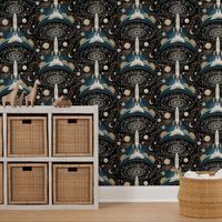 Space Exploration - retro style rocket ship/ space ship  and space colony with planets - large Wallpaper bymisentangledvision added by Alyssa Murphy