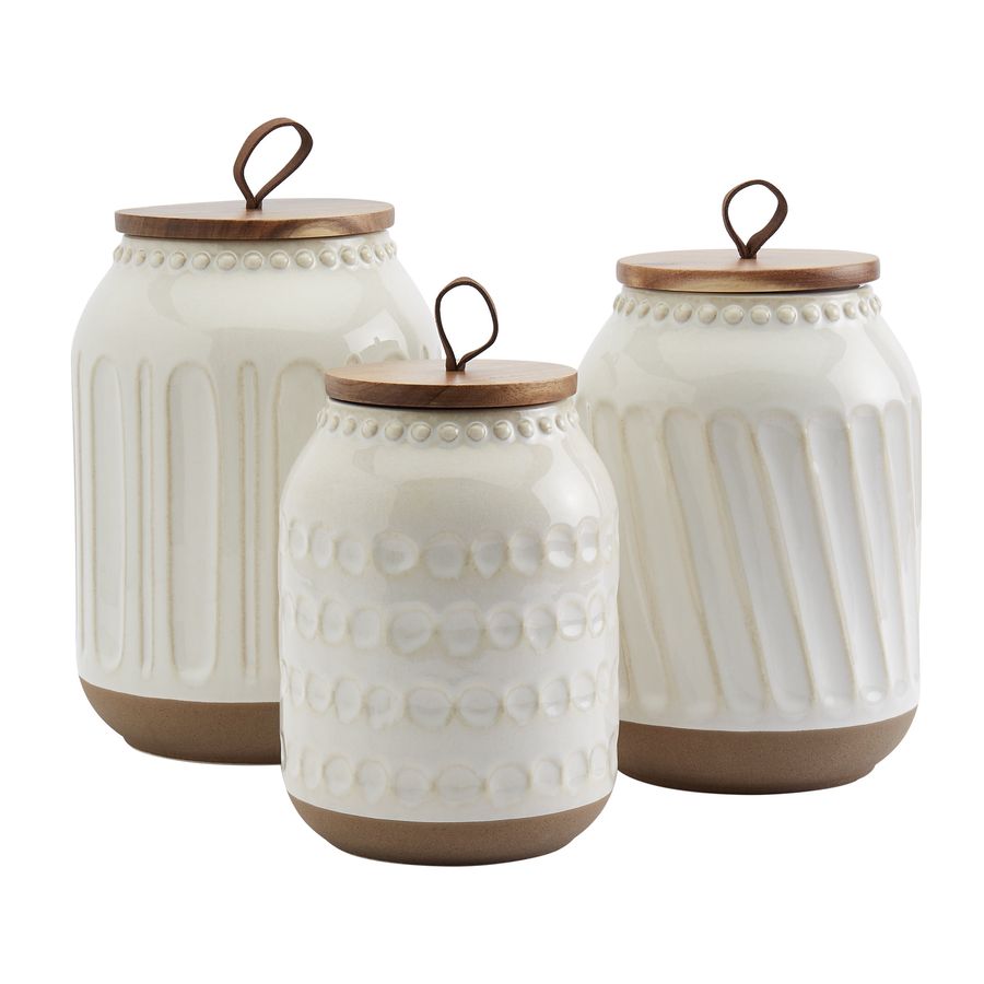 Tabletops Gallery 3 Piece Embossed White Stoneware Canister Set w/ Wood Lids - Walmart.com added by Amber Verduzco