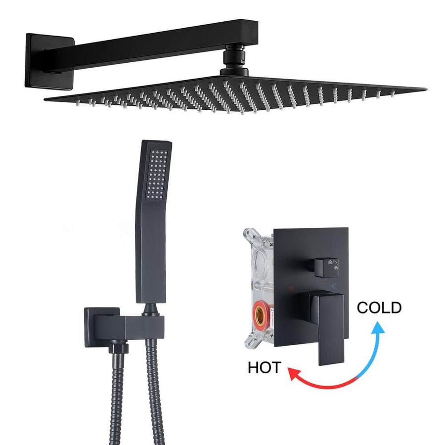 Zalerock Rain 1-Spray Square 10 in. Shower System Shower Head with Handheld in Black HAZ023 - The Home Depot added by Lindsey Springhetti