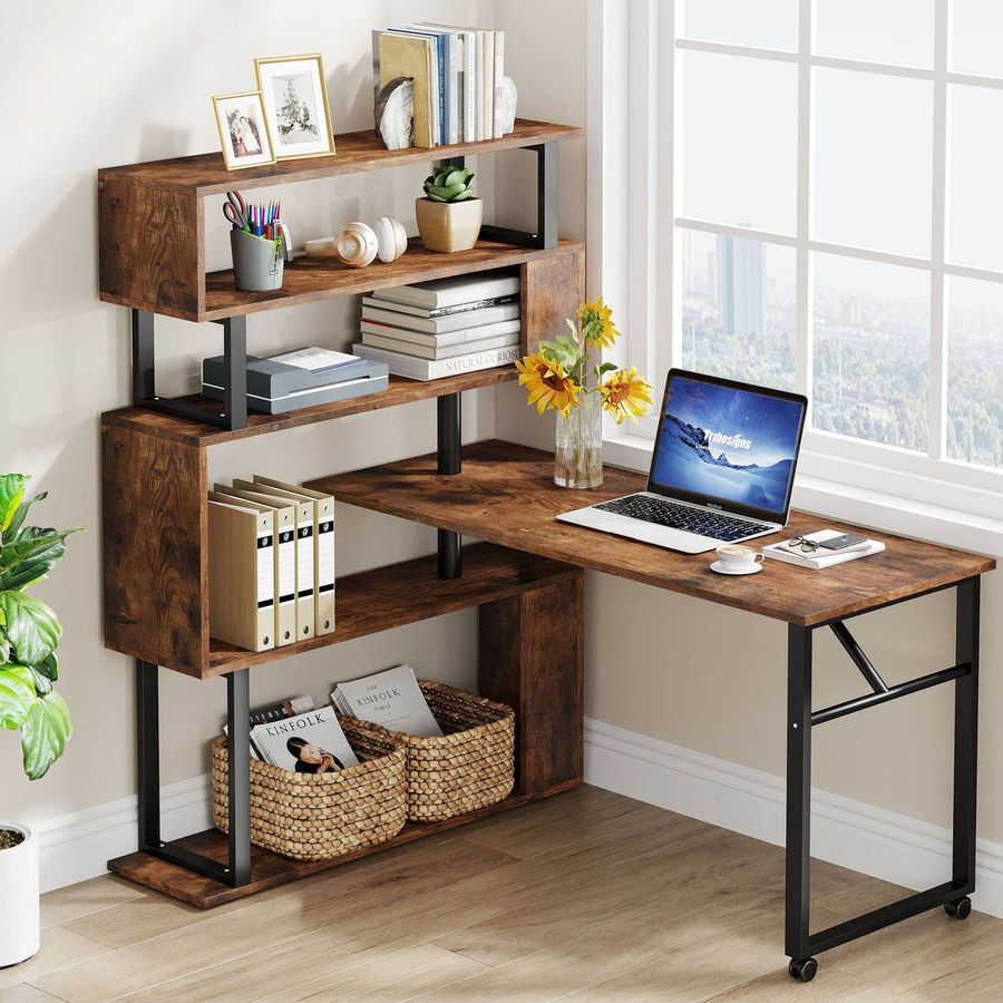 Rotating Desk with 5-Tier Bookshelf, Reversible Computer Desk with WheelsRustic added by Jamie Ross