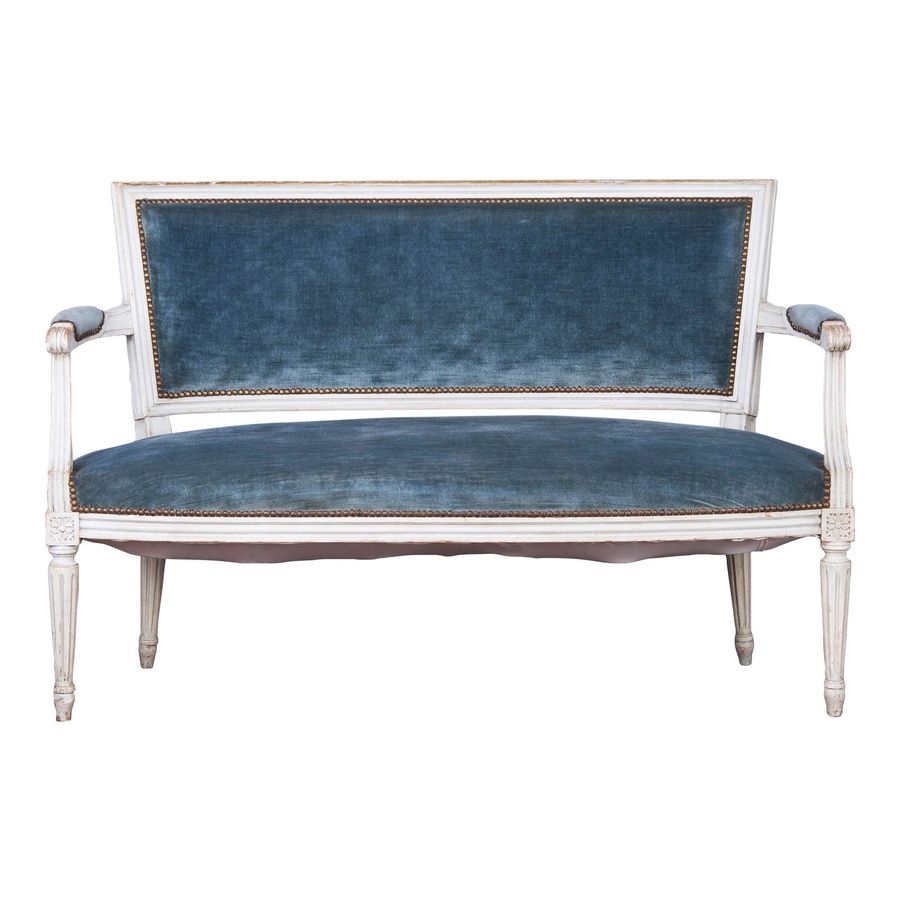 Antique French Louis XVI Style Painted Loveseat W/ Blue Velvet added by Brooke Schwartz