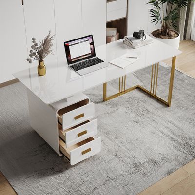 71" Modern White Home Office Executive Desk with Drawers & Storage Cabinet in Gold Base-Homary added by Kate McKay Designs