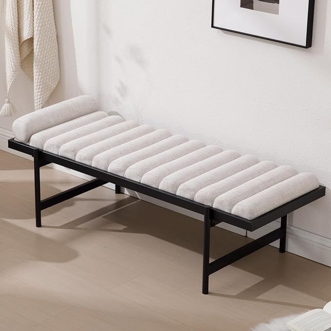 Modern Bench Upholstered Linen Fabric Lying Bench End of Bed Bench with Small Pillow Metal Frame for Living Room Bedroom, Beige added by Sarah Jackson