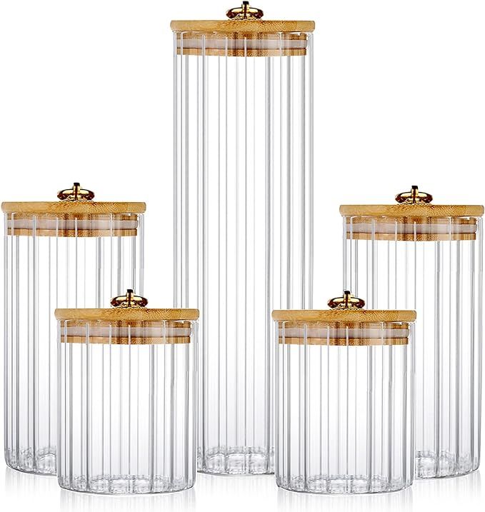 FANTESTICRYAN Glass Storage Jars Set of 5, Decorative Coffee Bar Container with Airtight Bamboo Lid Metal Ring for Home Kitchen Storing Candy, Cookie, Pasta, Nuts, Oatmeal and Bathroom Salt added by Joyela Valentine