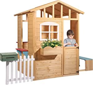HUUHRIN Wooden Playhouse for Kids Outdoor, Outdoor Wooden Playhouse, Fir Wood Playhouses for Backyard with Working Door, Windows, Mailbox, Bench, Service Stations, Flowers Pot Holder, 82" x 38" x 57" added by Kathryn Moore