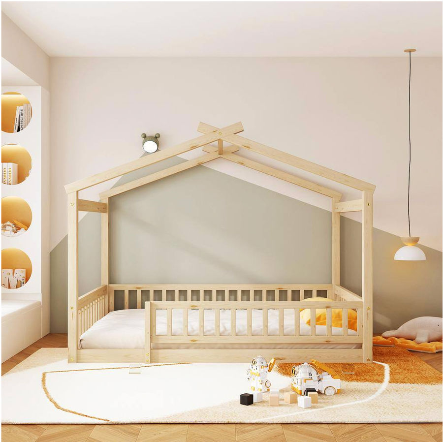 Harper & Bright Designs Natural Full Size Wood House Bed with Fence Guardrails QMY126AAN-F - The Home Depot added by Logan Randall