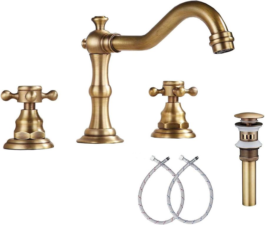 GGStudy 8 inch 2 Handles 3 Holes Widespread Bathroom Sink Faucet Antique Brass Bathroom Vanity Faucet Basin Mixer Tap Matching Metal Pop Up Drain with Overflow added by Daniela Flores