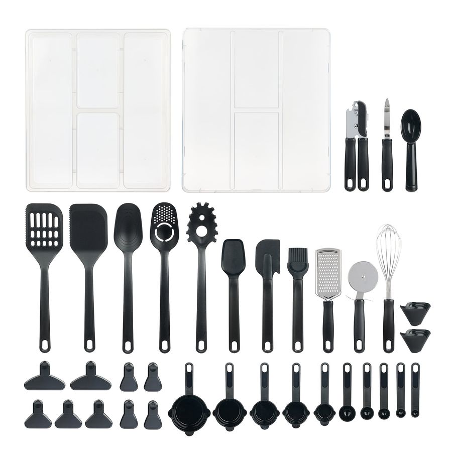 Mainstays 36pc Kitchen Gadget Set with Cooking Utensils, Measuring Cups, Clips, and Drawer Organizer, Black/Clear - Walmart.com added by Jesse Coleman