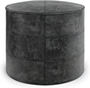 SIMPLIHOME Connor Boho Round Pouf in Distressed Black Leather, Footstool, Footrest, Upholstered, for the Living Room, Family Room added by Piper Stromatt